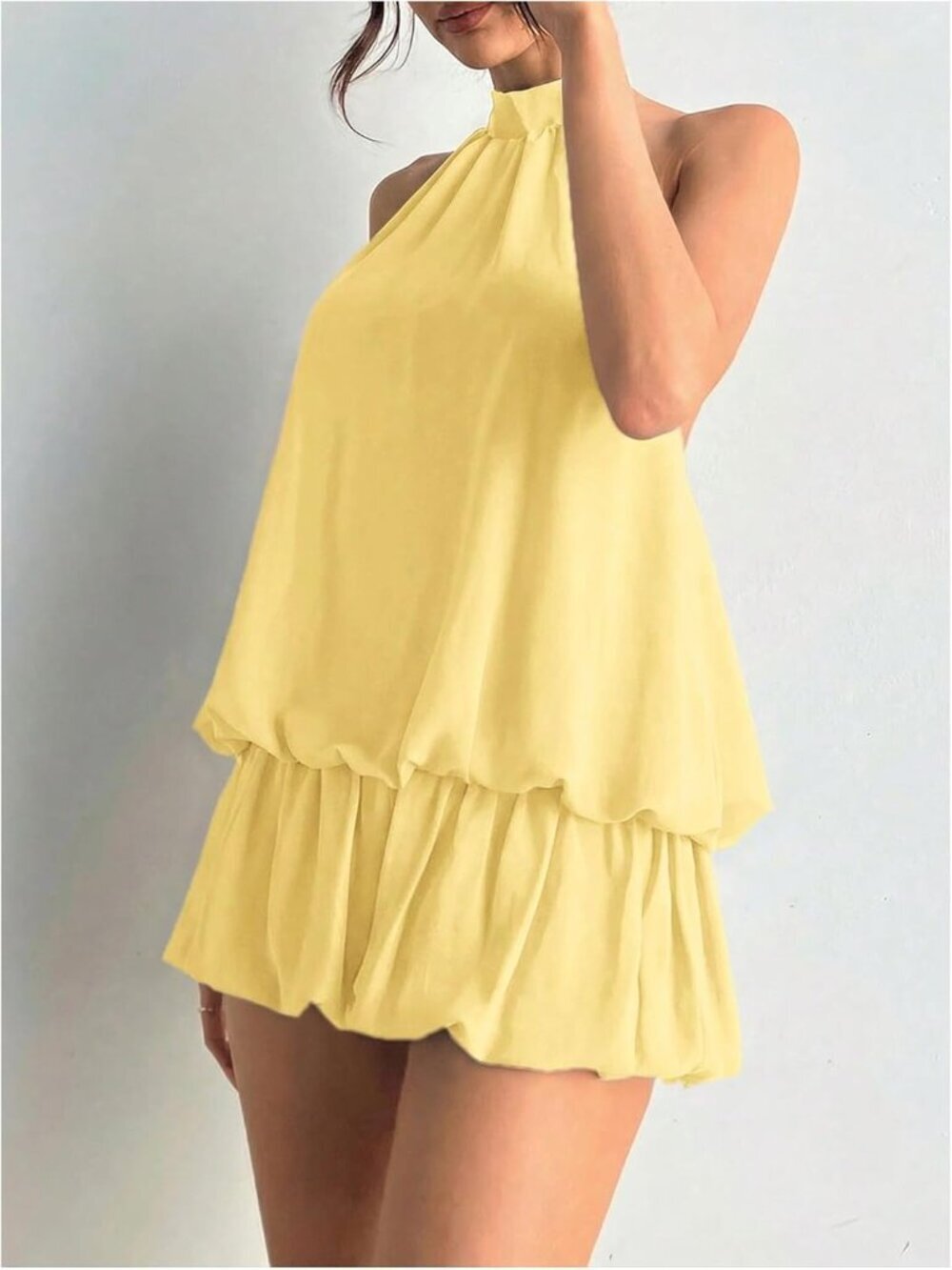 〽️Women Butter Yellow Tie Open Back Sleeveless Ruffle Hem Polyester Halter Dress